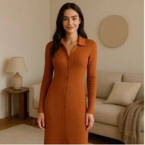 Aritzia Wilfred Cove Long Sleeve Knit Ribbed Dress Oriole Orange Size Large
